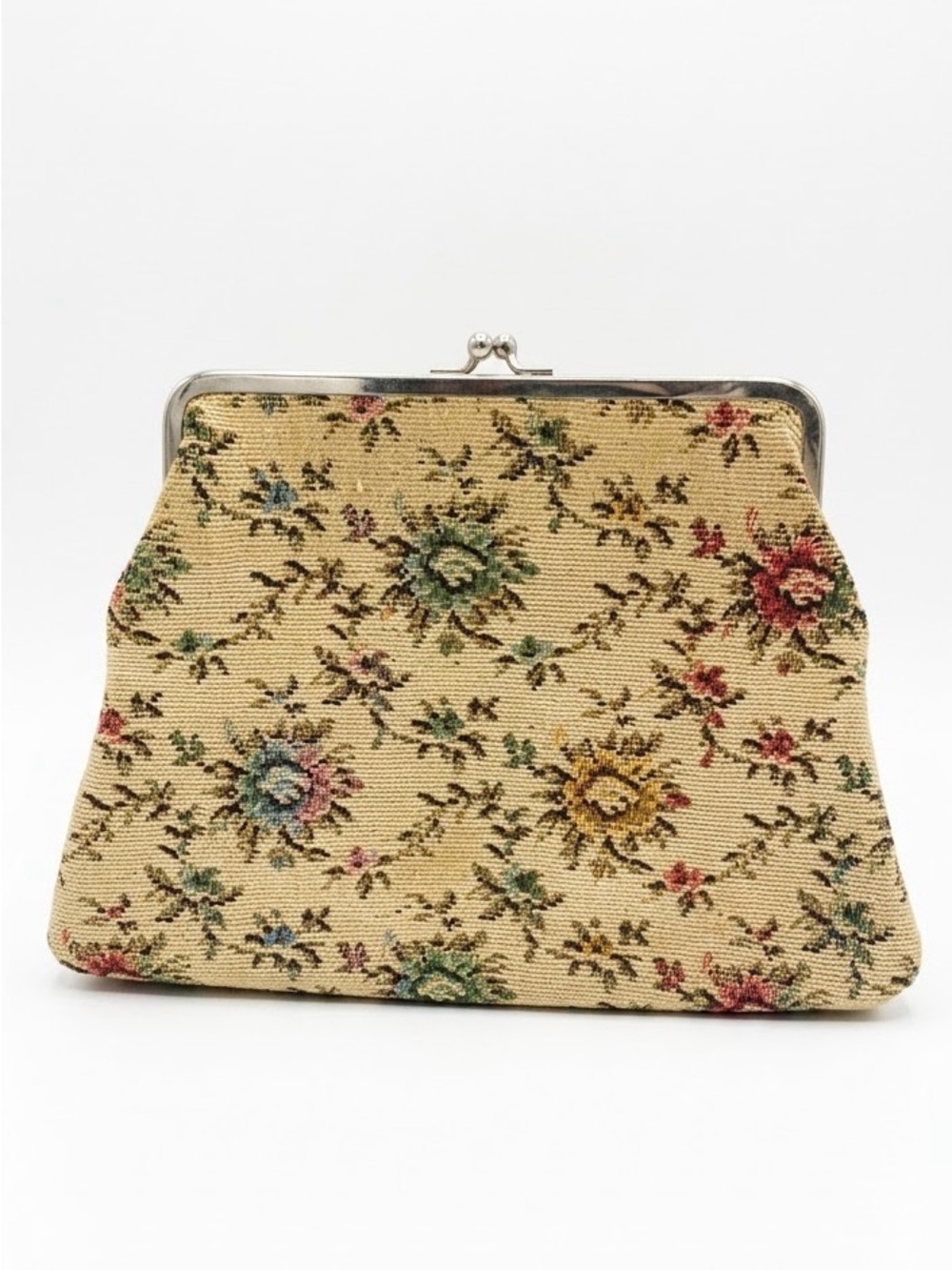 Vintage Unbranded Tapestry Clutch Bag with Kiss Lock Closure Hinged Sides